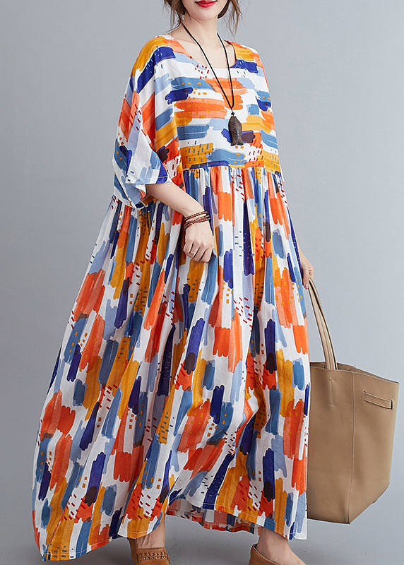 Orange Patchwork Wrinkled Maxi Dress Half Sleeve LY2859 - fabuloryshop