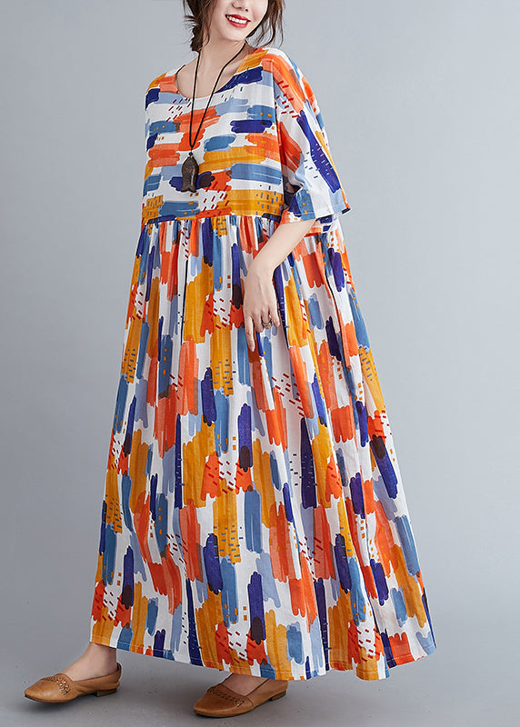 Orange Patchwork Wrinkled Maxi Dress Half Sleeve LY2859 - fabuloryshop