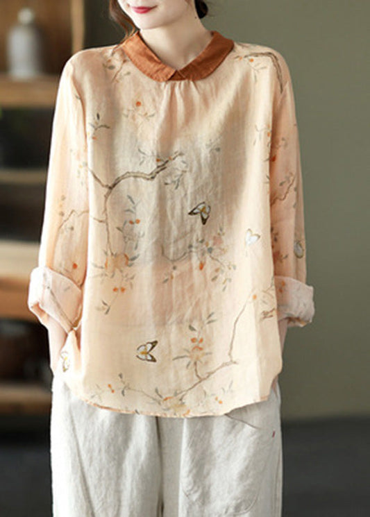 Orange Peter Pan Collar Ramie Shirt Long Sleeve LY5038 - fabuloryshop