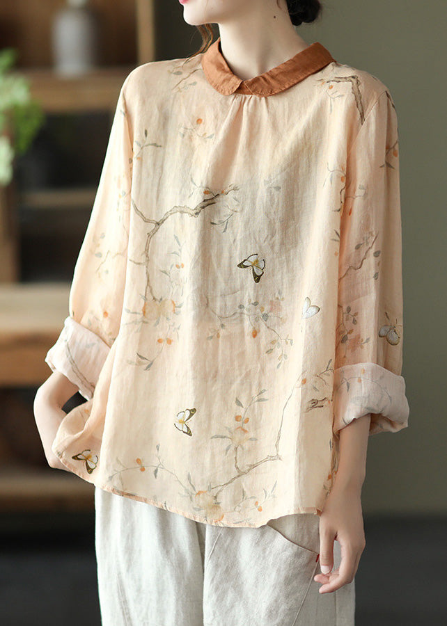 Orange Peter Pan Collar Ramie Shirt Long Sleeve LY5038 - fabuloryshop