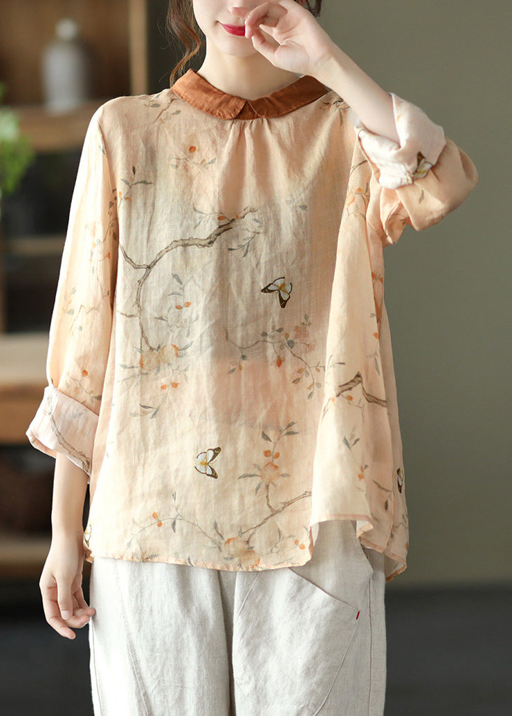 Orange Peter Pan Collar Ramie Shirt Long Sleeve LY5038 - fabuloryshop