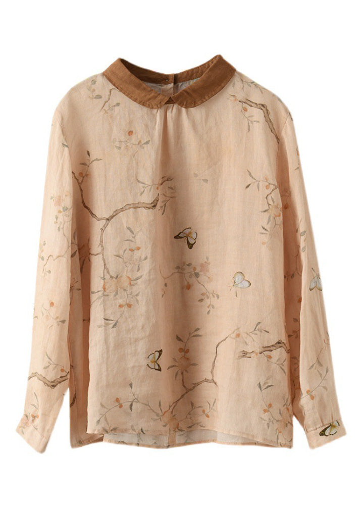 Orange Peter Pan Collar Ramie Shirt Long Sleeve LY5038 - fabuloryshop