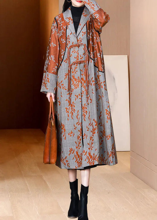 Orange Pockets Print Cotton Trench Tasseled Chinese Button Fall Ada Fashion