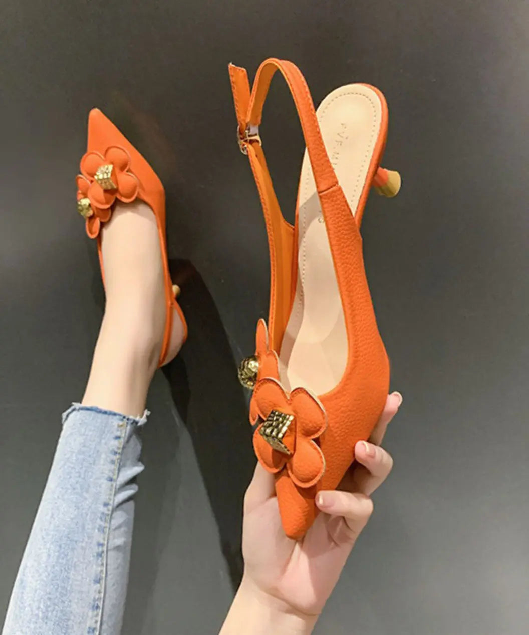 Orange Pointed Toe Floral Sequined Splicing Stiletto Sandals Ada Fashion