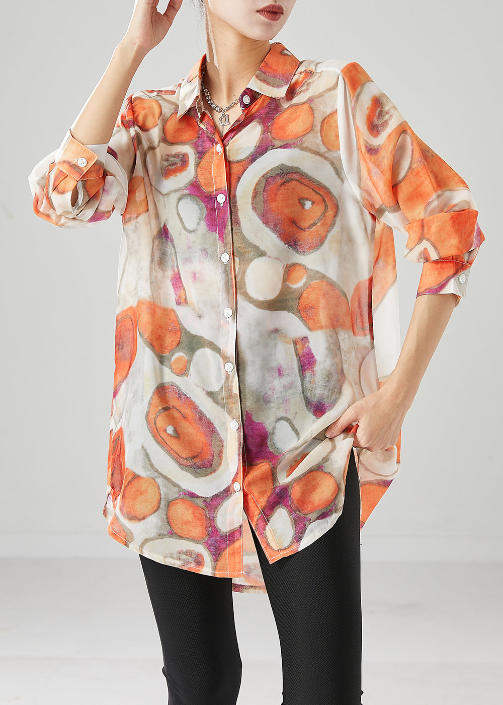 Orange Print Cotton Shirt Top Peter Pan Collar Fall Ada Fashion