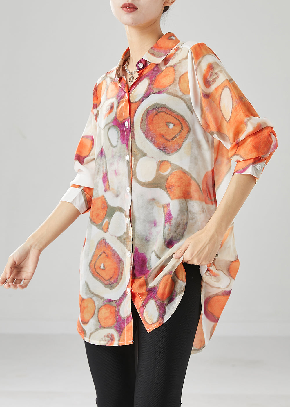 Orange Print Cotton Shirt Top Peter Pan Collar Fall Ada Fashion