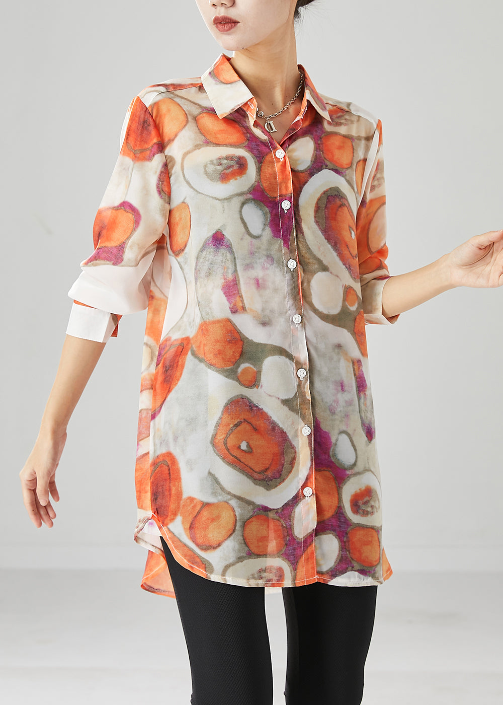 Orange Print Cotton Shirt Top Peter Pan Collar Fall Ada Fashion