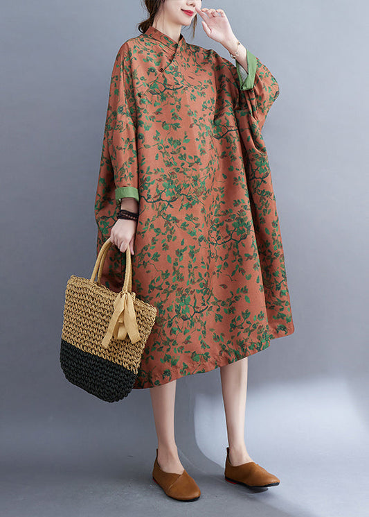 Orange Print Linen Long Dress Oversized Mandarin Collar Spring LY2390 - fabuloryshop