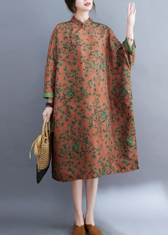 Orange Print Linen Long Dress Oversized Mandarin Collar Spring LY2390 - fabuloryshop