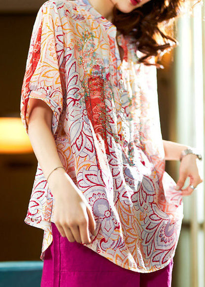 Orange Print Patchwork Chiffon Top O Neck Half Sleeve LY3805 - fabuloryshop