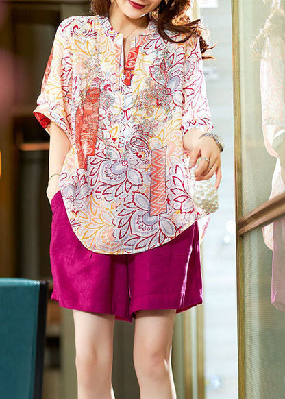 Orange Print Patchwork Chiffon Top O Neck Half Sleeve LY3805 - fabuloryshop