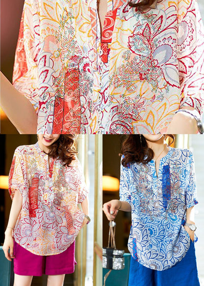 Orange Print Patchwork Chiffon Top O Neck Half Sleeve LY3805 - fabuloryshop