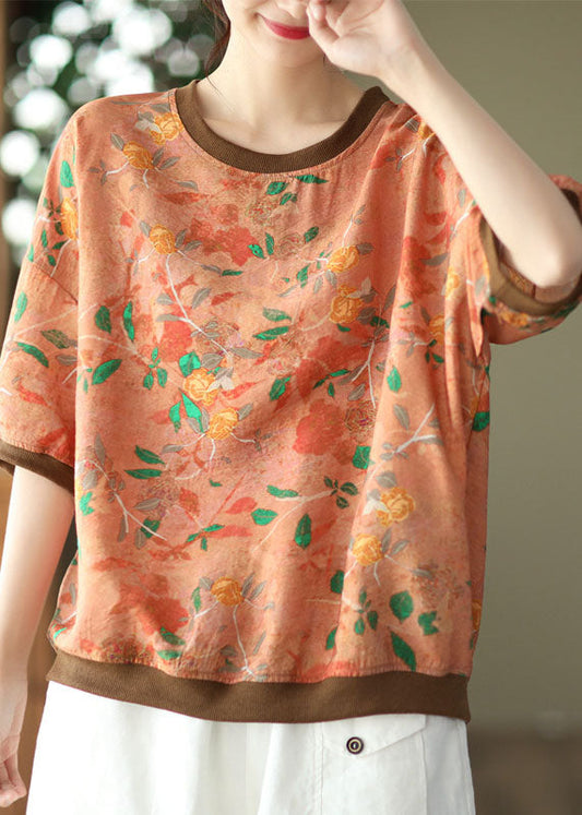 Orange Print Patchwork Linen T Shirt O Neck Short Sleeve LY6236 - fabuloryshop