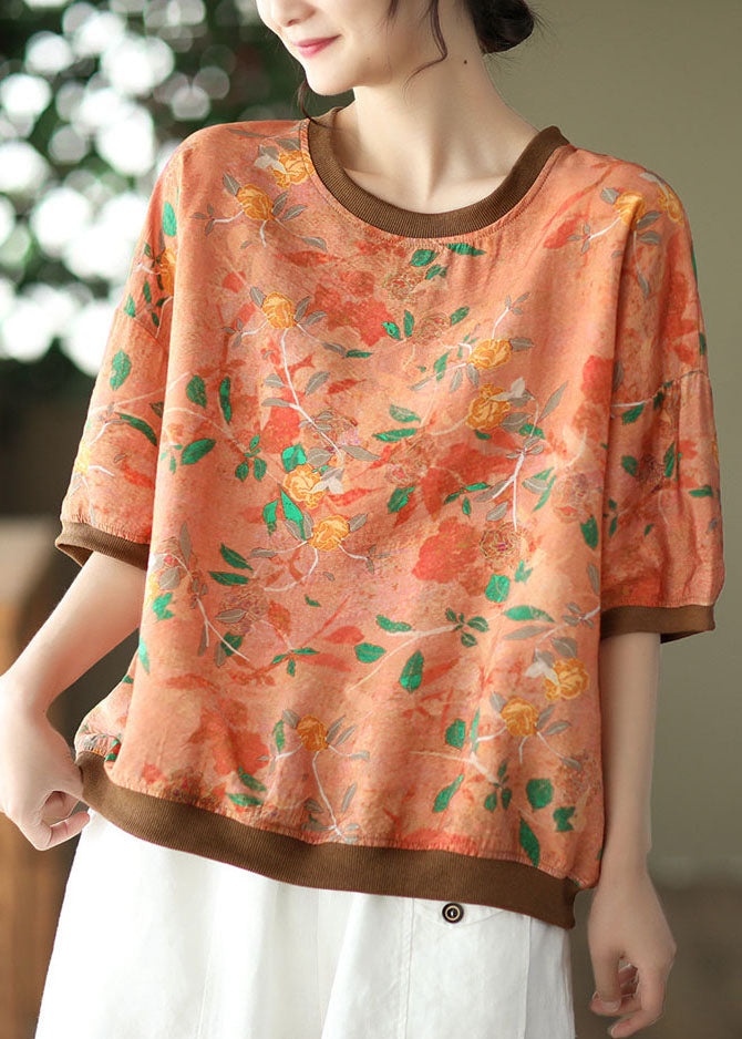 Orange Print Patchwork Linen T Shirt O Neck Short Sleeve LY6236 - fabuloryshop