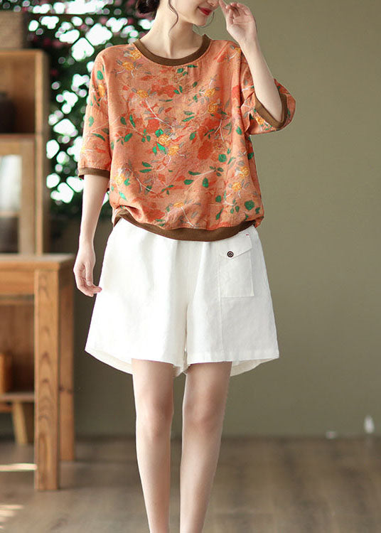 Orange Print Patchwork Linen T Shirt O Neck Short Sleeve LY6236 - fabuloryshop