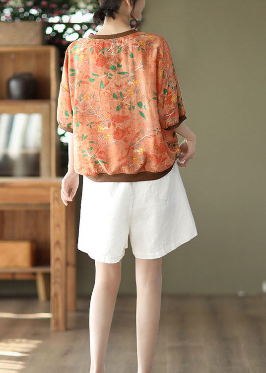 Orange Print Patchwork Linen T Shirt O Neck Short Sleeve LY6236 - fabuloryshop