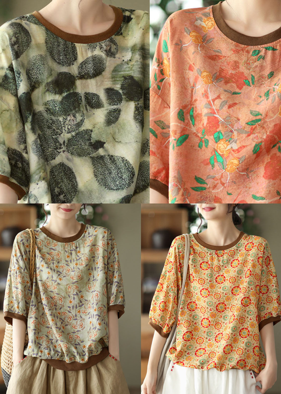 Orange Print Patchwork Linen T Shirt O Neck Short Sleeve LY6236 - fabuloryshop