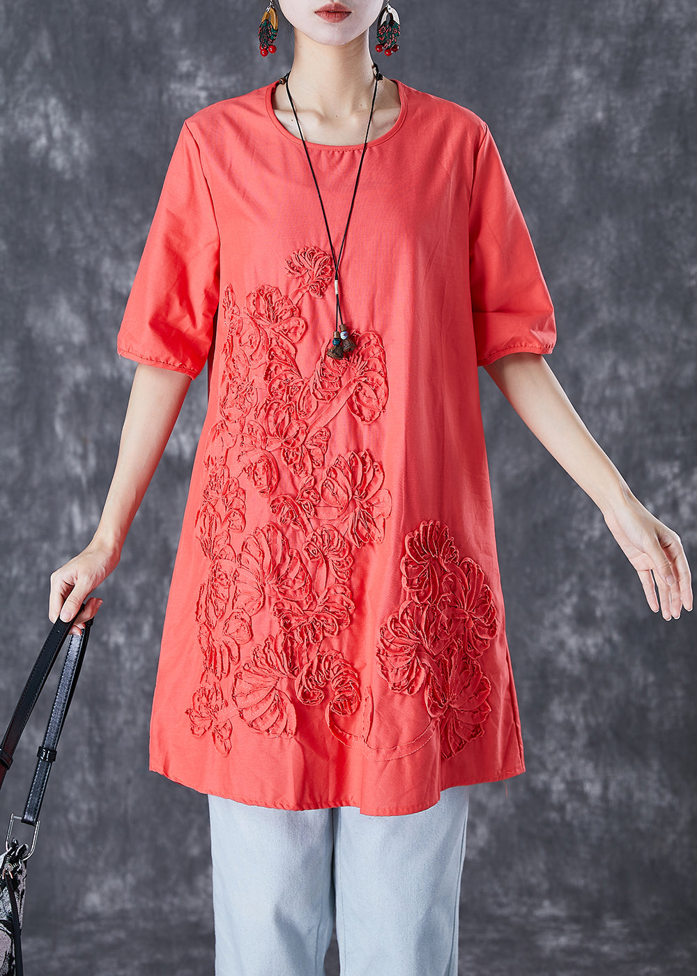 Orange Red Linen Mid Dresses Embroideried Summer TD1010 - fabuloryshop