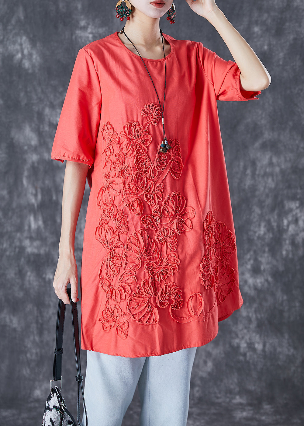 Orange Red Linen Mid Dresses Embroideried Summer TD1010 - fabuloryshop