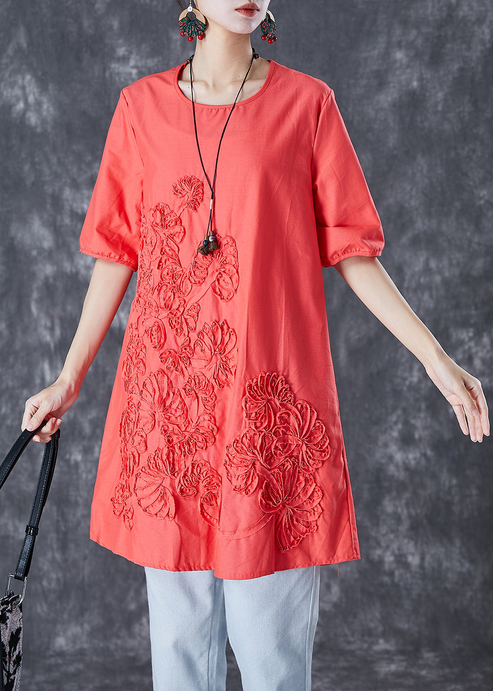 Orange Red Linen Mid Dresses Embroideried Summer TD1010 - fabuloryshop