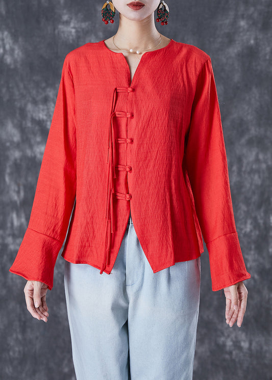 Orange Red Linen Shirt Tasseled Chinese Button Flare Sleeve LY7090 - fabuloryshop