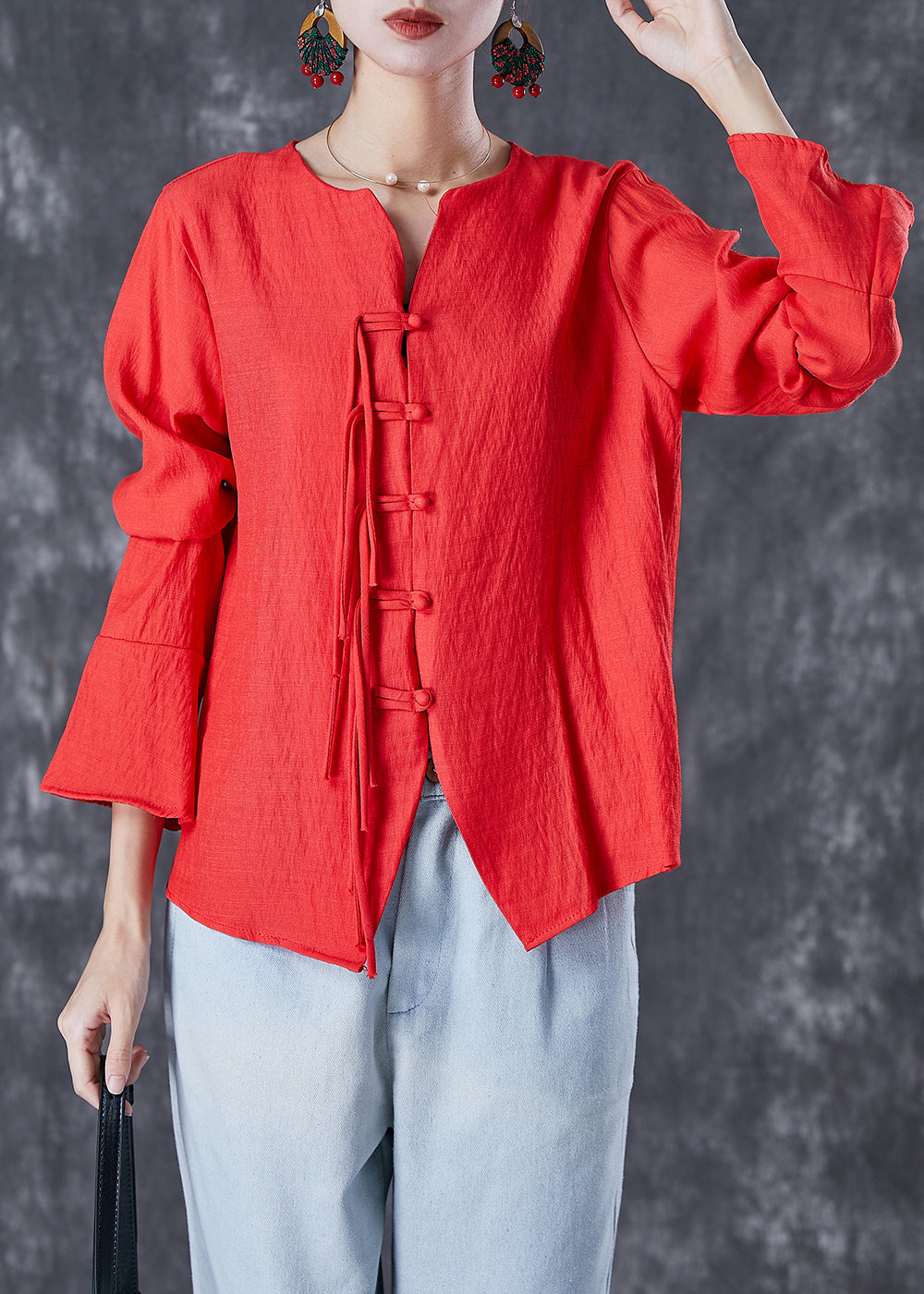 Orange Red Linen Shirt Tasseled Chinese Button Flare Sleeve LY7090 - fabuloryshop