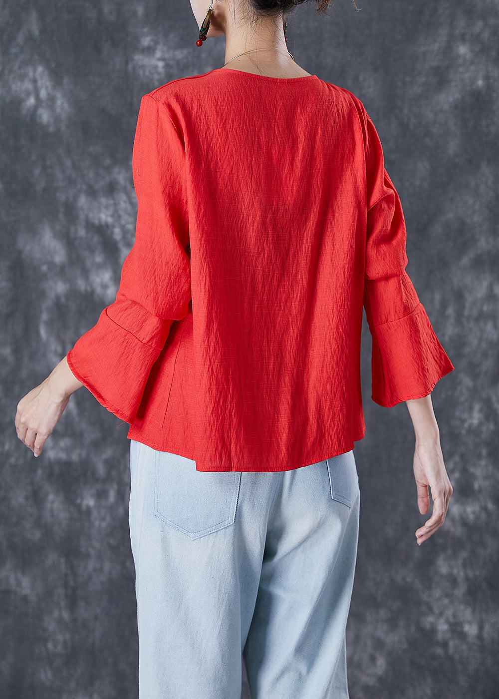 Orange Red Linen Shirt Tasseled Chinese Button Flare Sleeve LY7090 - fabuloryshop