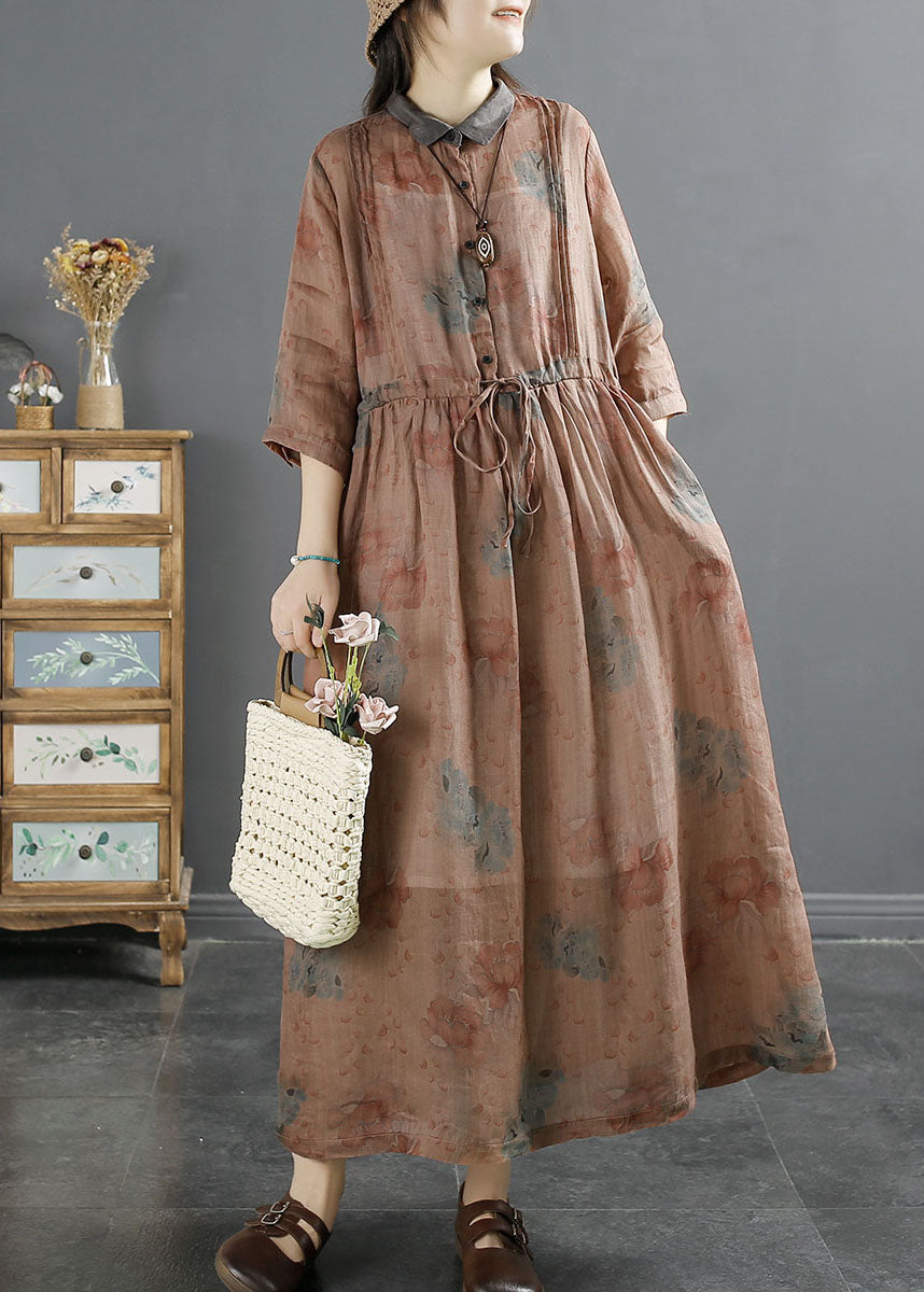 Orange Red Print Patchwork Linen Dresses Drawstring Wrinkled Summer LY2510 - fabuloryshop