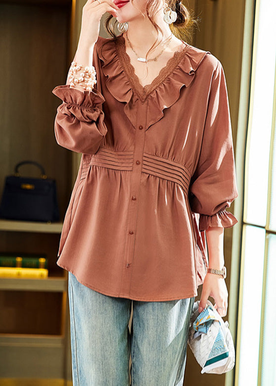 Orange Ruffled Patchwork Wrinkled Shirts Spring LY6219 - fabuloryshop