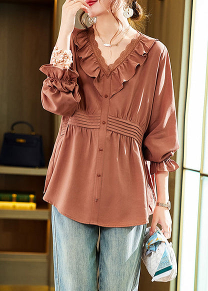 Orange Ruffled Patchwork Wrinkled Shirts Spring LY6219 - fabuloryshop