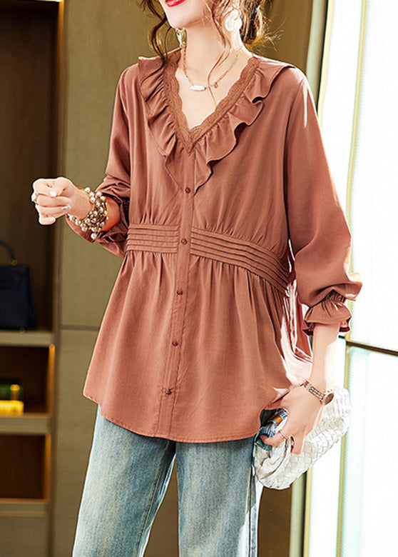 Orange Ruffled Patchwork Wrinkled Shirts Spring LY6219 - fabuloryshop