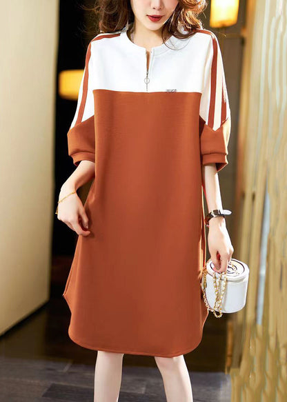 Orange Striped Patchwork Cotton Dresses Zip Up Half Sleeve Ada Fashion