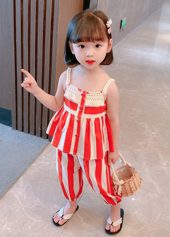 Orange Striped Slash Neck Patchwork Cotton Kids Two Pieces Set Sleeveless LY6455 - fabuloryshop