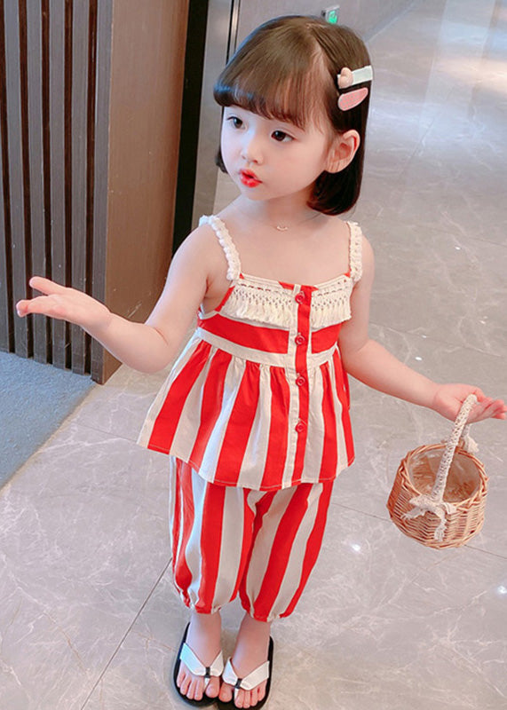 Orange Striped Slash Neck Patchwork Cotton Kids Two Pieces Set Sleeveless LY6455 - fabuloryshop