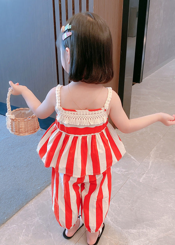 Orange Striped Slash Neck Patchwork Cotton Kids Two Pieces Set Sleeveless LY6455 - fabuloryshop