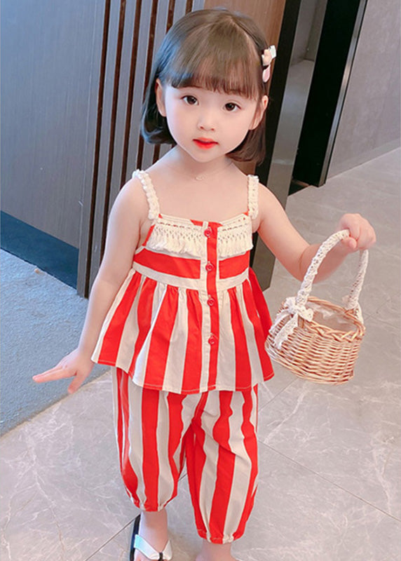 Orange Striped Slash Neck Patchwork Cotton Kids Two Pieces Set Sleeveless LY6455 - fabuloryshop