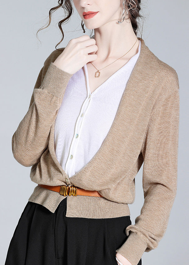 Organic Apricot V Neck Button Fake Two Pieces Woolen Tops Long Sleeve LY0089 - fabuloryshop