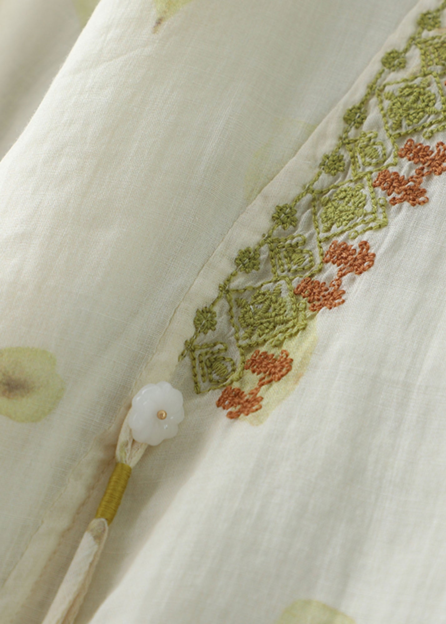 Organic Beige Embroideried Patchwork Linen T Shirt Top Summer LY3985 - fabuloryshop