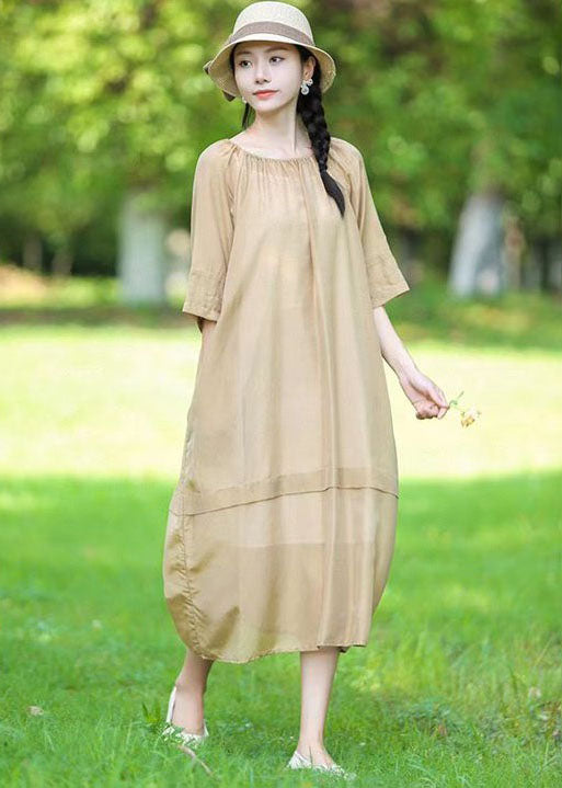 Organic Beige O-Neck Wrinkled Patchwork Linen Two Pieces Set Dress Summer LY2519 - fabuloryshop