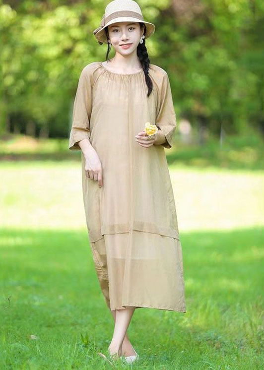 Organic Beige O-Neck Wrinkled Patchwork Linen Two Pieces Set Dress Summer LY2519 - fabuloryshop