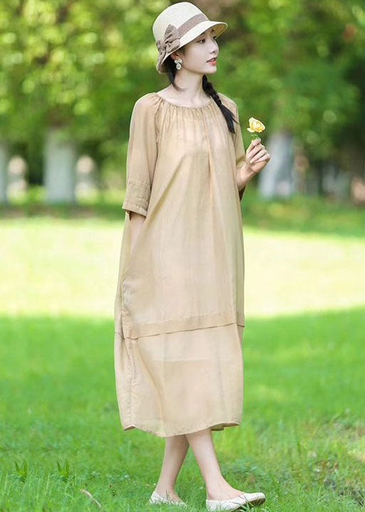 Organic Beige O-Neck Wrinkled Patchwork Linen Two Pieces Set Dress Summer LY2519 - fabuloryshop