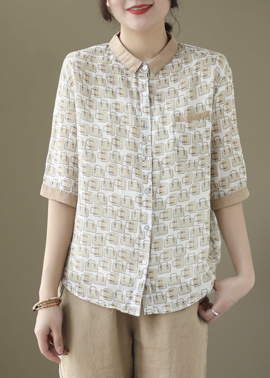 Organic Beige Peter Pan Collar Button Patchwork Linen Top Summer LY5060 - fabuloryshop