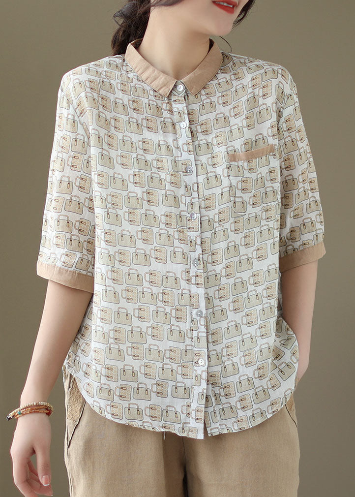 Organic Beige Peter Pan Collar Button Patchwork Linen Top Summer LY5060 - fabuloryshop