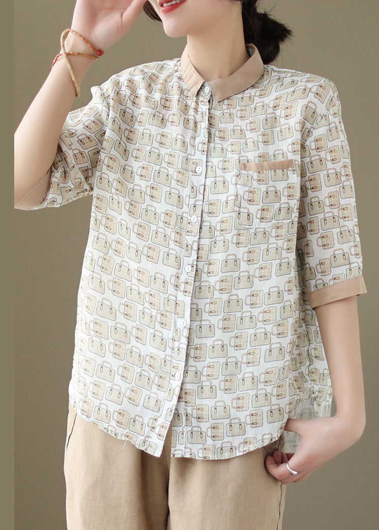 Organic Beige Peter Pan Collar Button Patchwork Linen Top Summer LY5060 - fabuloryshop