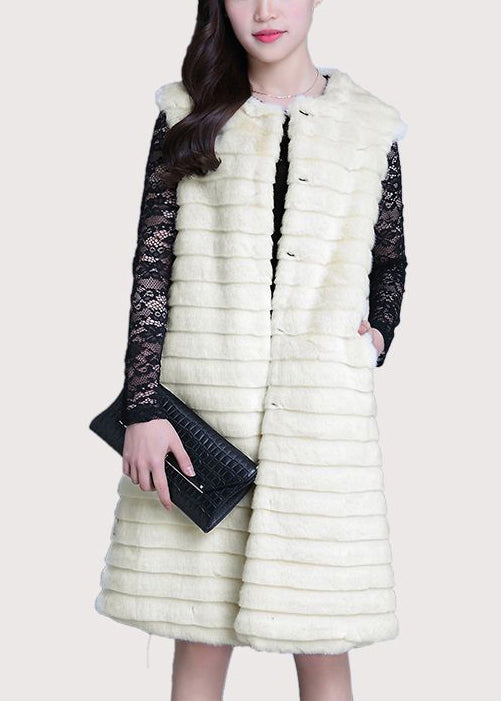 Organic Beige Striped Warm Faux Fur Long Vest Winter Ada Fashion