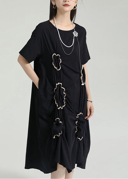 Organic Black Asymmetrical Wrinkled Patchwork Cotton Dress Summer Ada Fashion