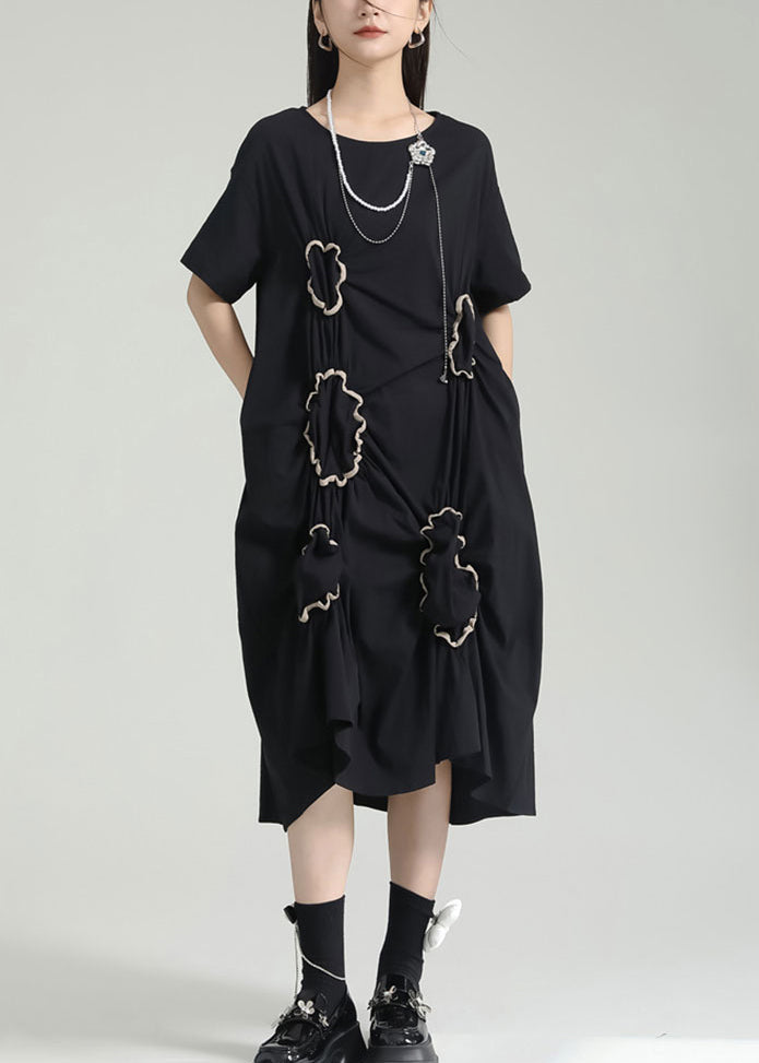 Organic Black Asymmetrical Wrinkled Patchwork Cotton Dress Summer Ada Fashion