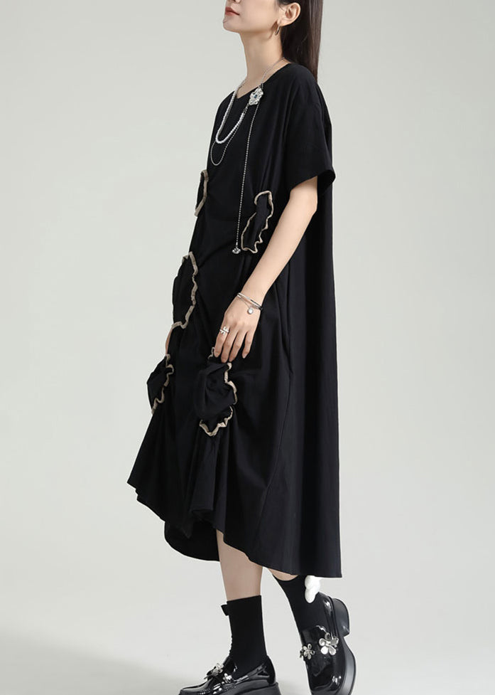 Organic Black Asymmetrical Wrinkled Patchwork Cotton Dress Summer Ada Fashion