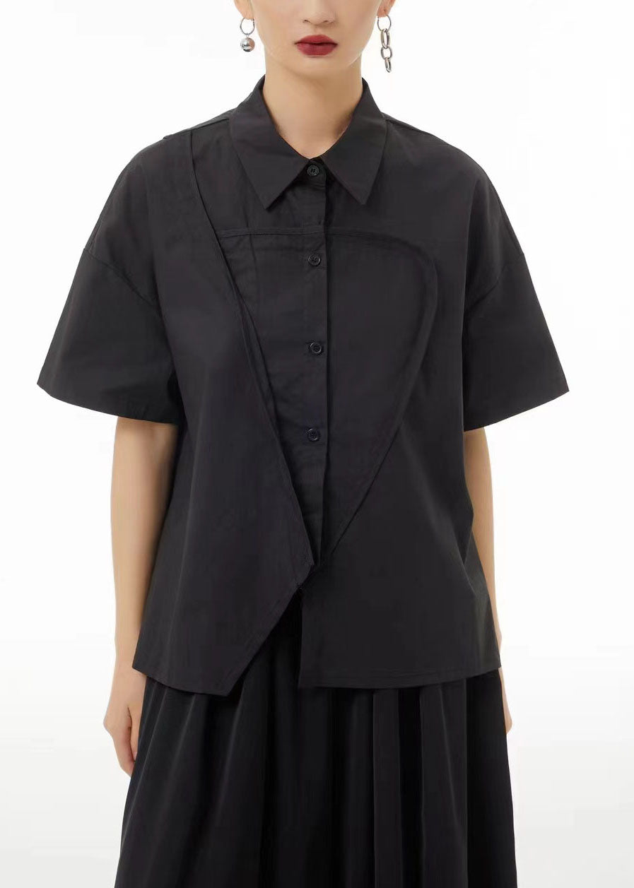 Organic Black Asymmetrical Wrinkled Side Open Cotton Shirt Summer LC0154 - fabuloryshop