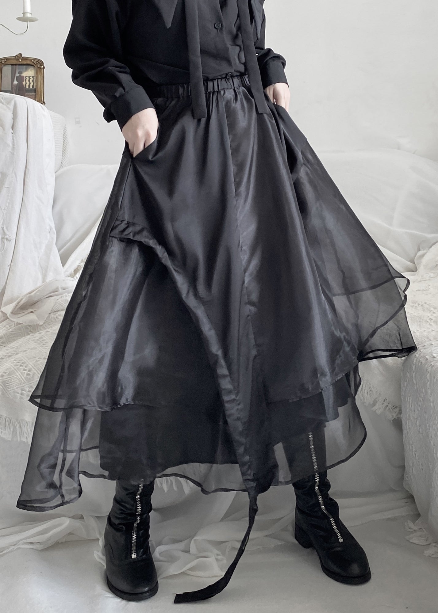 Organic Black Elastic Waist Layered Organza Maxi Skirt Ada Fashion